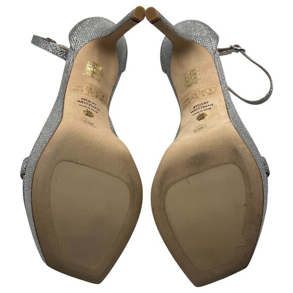 Stuart Weitzman Nudist Party 95 Ankle Strap Platform Heels Sandals Silver 9.5 - Picture 8 of 9